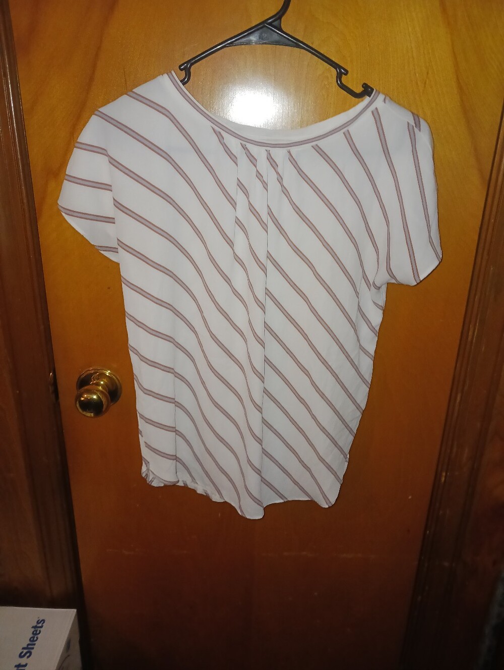 LOFT White Blouse with Tan Diagonal Stripes